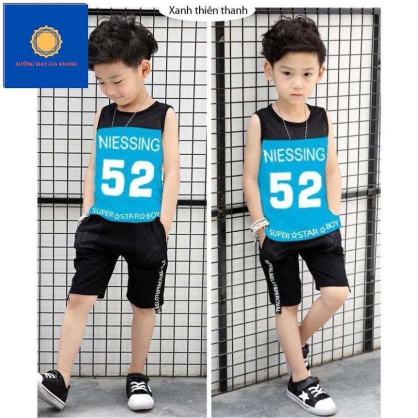 Đồ bộ quần áo thun bé trai sát nách, phối lưới in số 52 - Xưởng may - Gia Khang