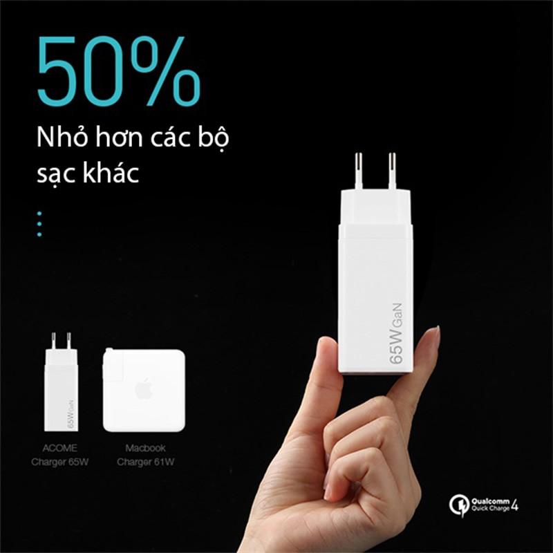 Adapter Cốc Sạc Nhanh 65W ACOME 2 Cổng Sạc PD 1 Cổng USB Công Nghệ Mới GaN Fast - Hàng Chính Hãng