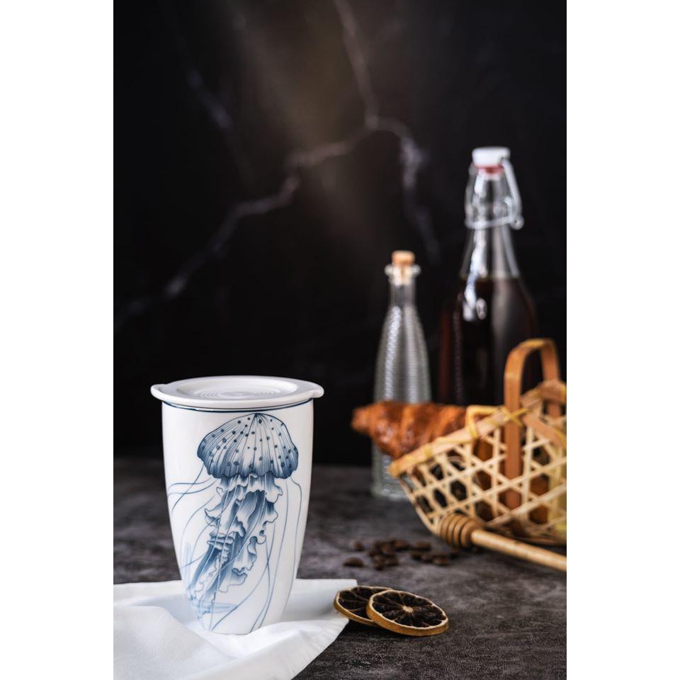 Ly sứ dưỡng sinh Minh Long 0.48 L - Đại Dương có nắp dùng để uống trà, cafe kiểu dáng sang trọng,cao cấp, giữ nhiệt tốt