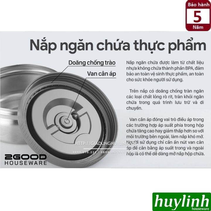 Hộp cơm giữ nhiệt 3 ngăn 2Good HC01 - 2 lít - Tặng túi xách - Hàng chính hãng