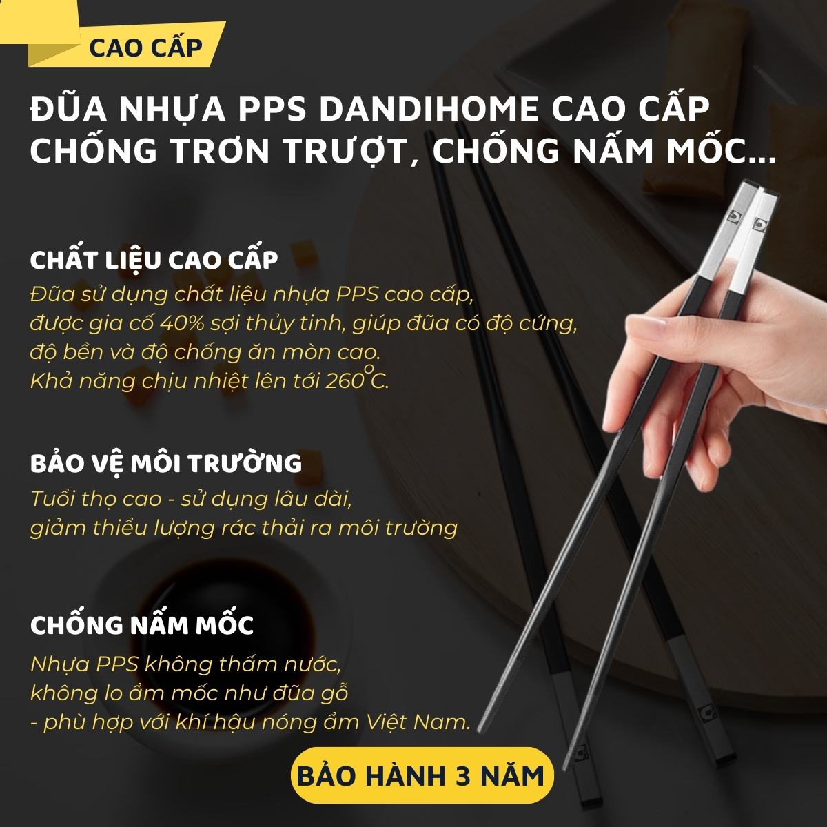 Đũa nhựa PPS sợi thủy tinh DandiHome kết hợp Inox 304 DandiHome cao cấp, chống trượt, chống nấm mốc