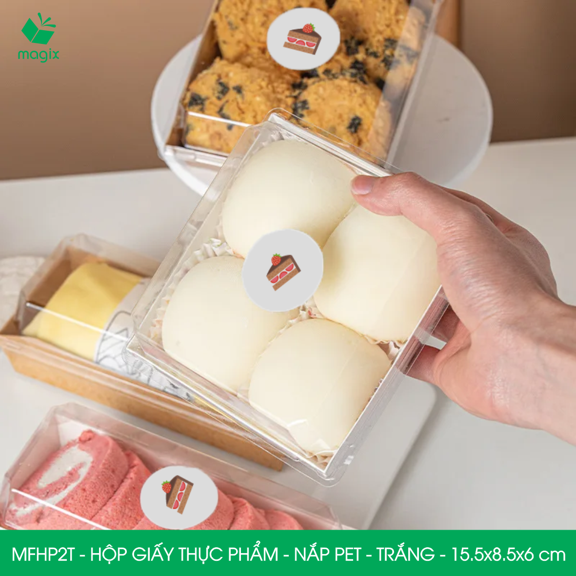 MFHP2T - 15.5x8.5x6 cm - 50 hộp giấy thực phẩm màu trắng nắp Pet, hộp giấy chữ nhật đựng thức ăn, hộp bánh nắp trong