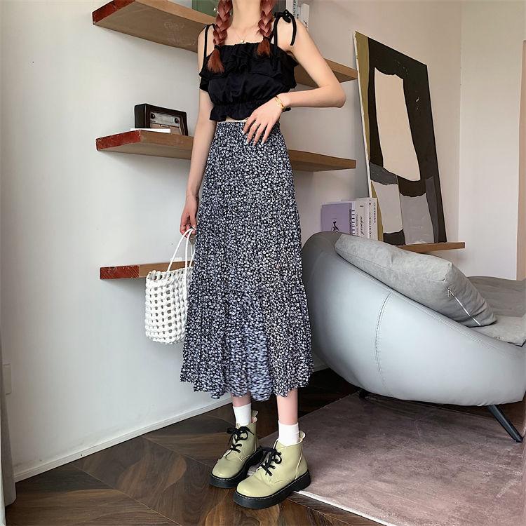 DONGSHOP Cao cấp hoa xẻ tà nửa người váy mùa xuân và mùa hè 2023 Vintage thả cảm thấy gầy váy xếp li một chữ dài váy