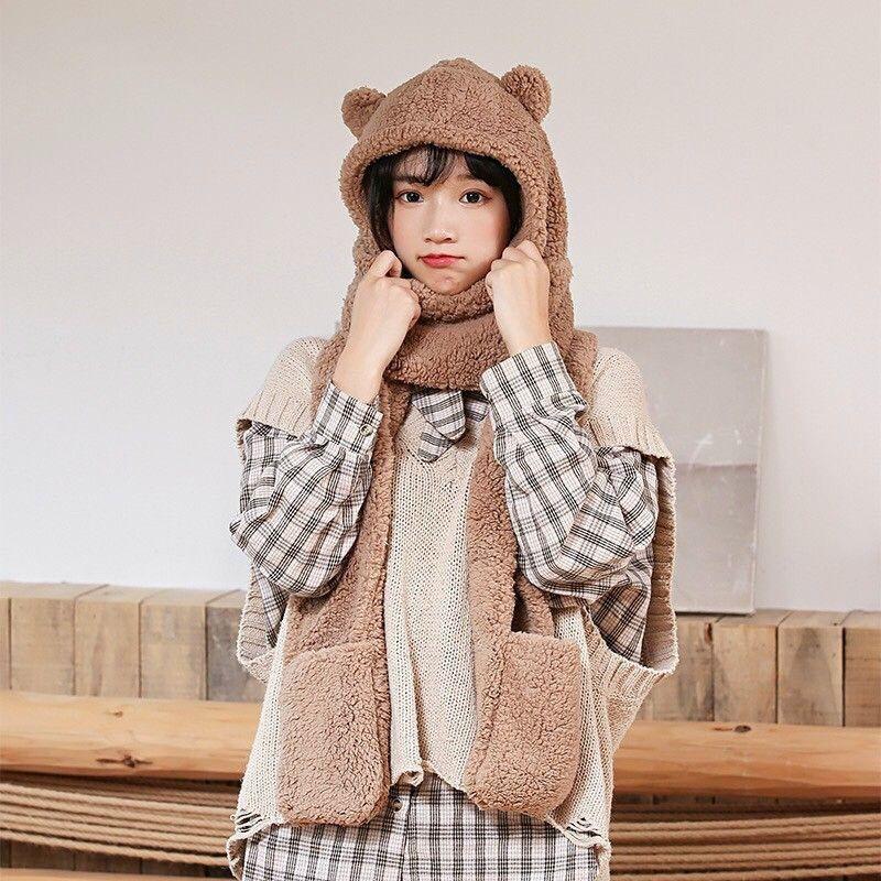 Mũ lông cừu tai gấu kèm khăn quàng cổ và găng tay ấm áp ulzzang Hàn Quốc cho nữ mùa thu đông