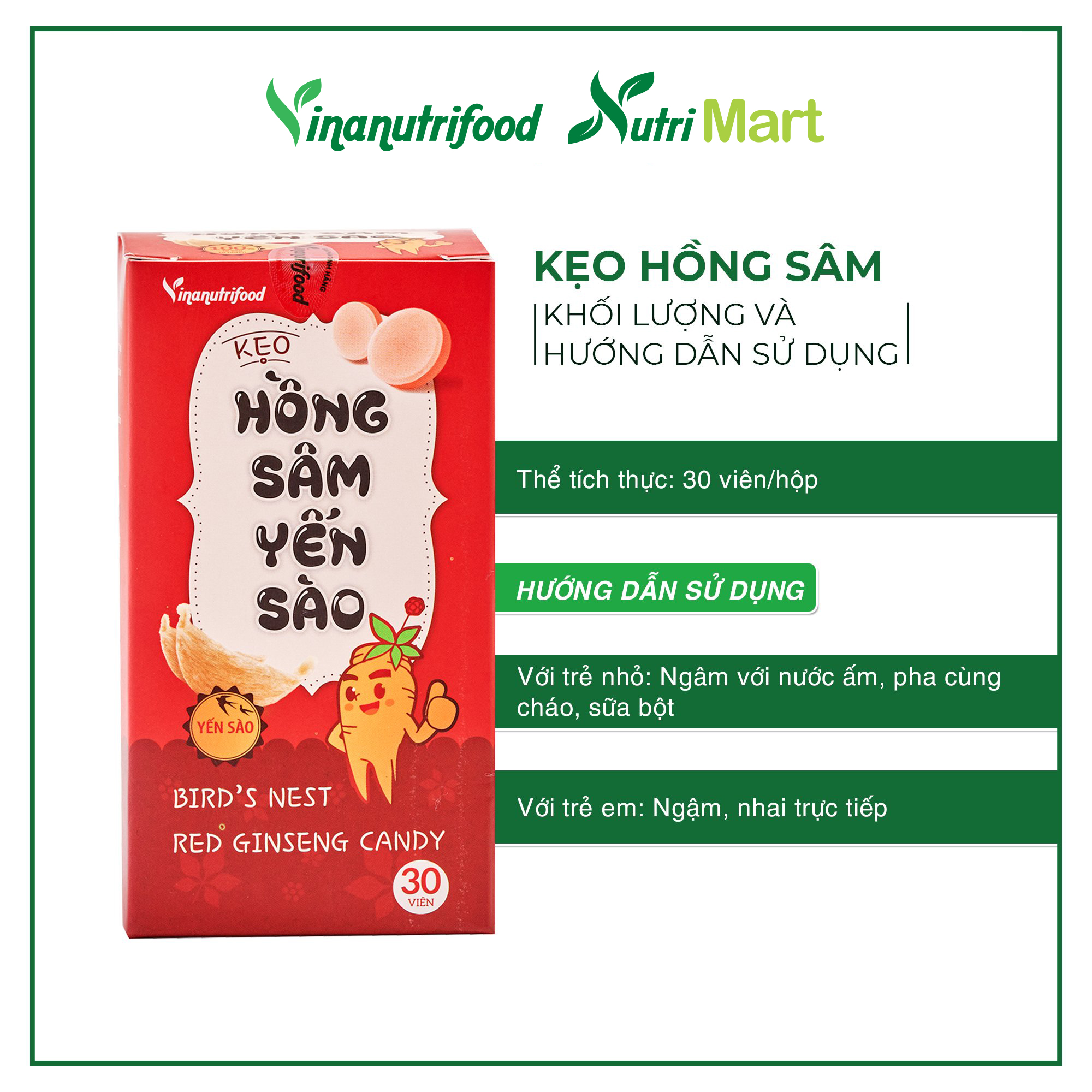 Kẹo hồng sâm Yến Sào được làm từ hồng sâm cao cấp, yến sào hảo hạng tốt cho sức khỏe, vị ngọt tinh khiết từ đường ăn kiêng Isomalt an toàn, dùng được cho mọi lứa tuổi, đặc biệt là trẻ em biếng ăn, kém hấp thu dinh dưỡng, hộp 30 viên