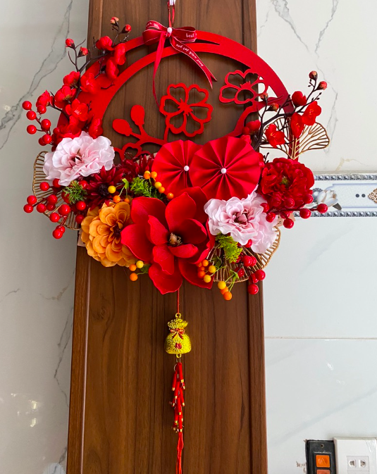 Mẹt hoa giả treo trang trí - đường kính 35 đến 45 cm - hoàn thiện y hình - Cây giả, hoa lụa Decor trang trí nhà cửa - Vòng số 7