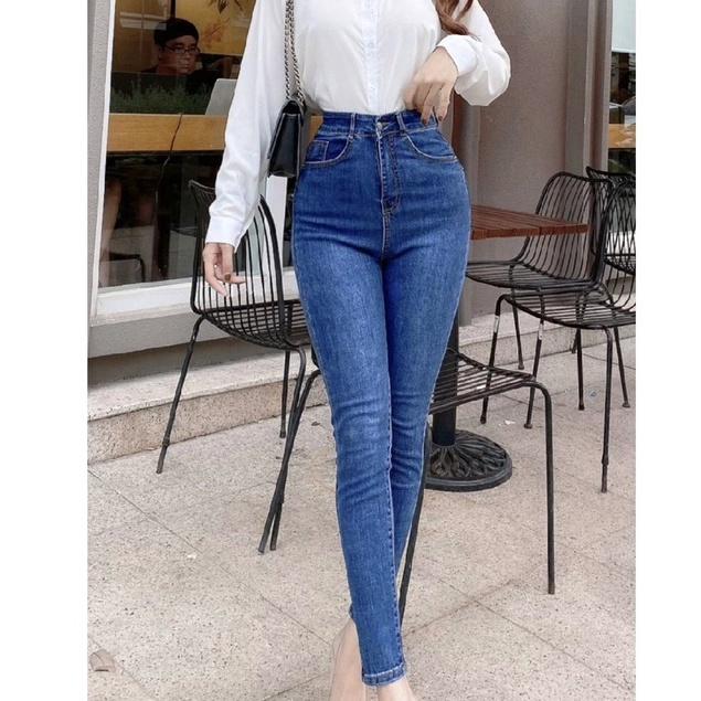 Quần jean nữ lưng cao co giản có túi, quần bò cạp cao skinny jeans bigsize trơn dài basic
