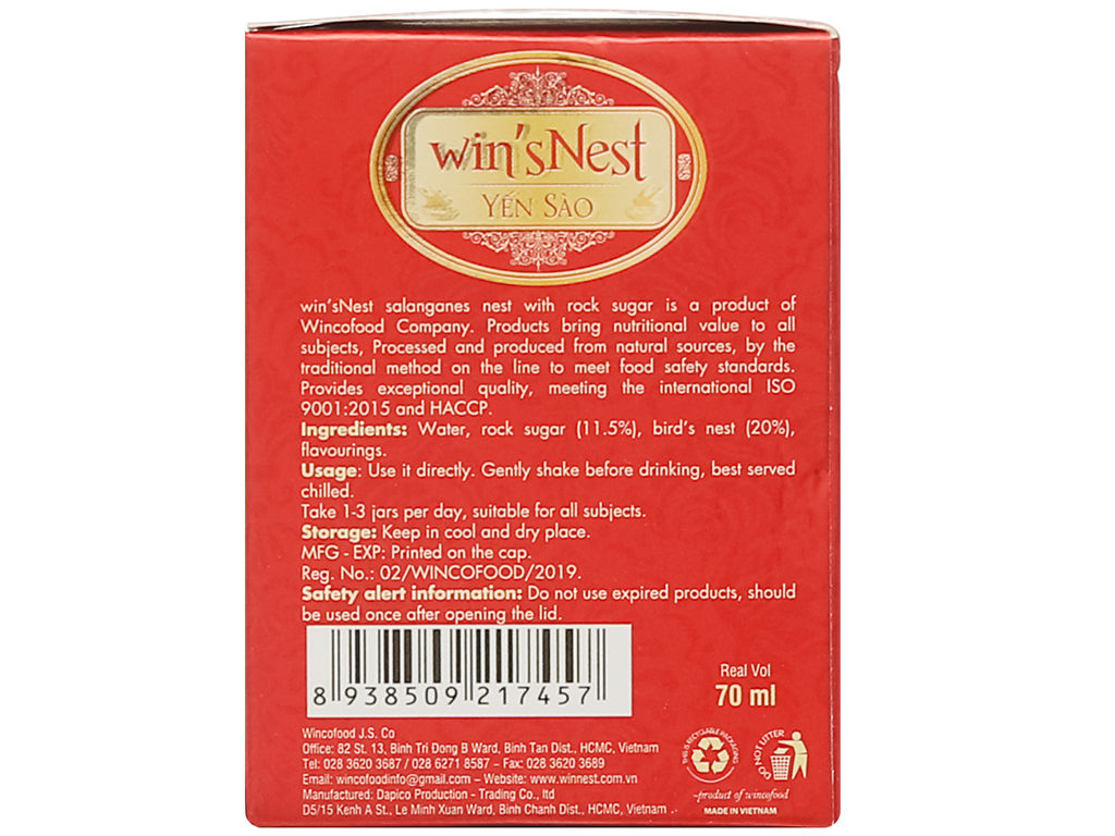 Thùng 72 lọ Yến sào win'sNest tổ yến chưng sẵn đường lọ 20% (70ml)