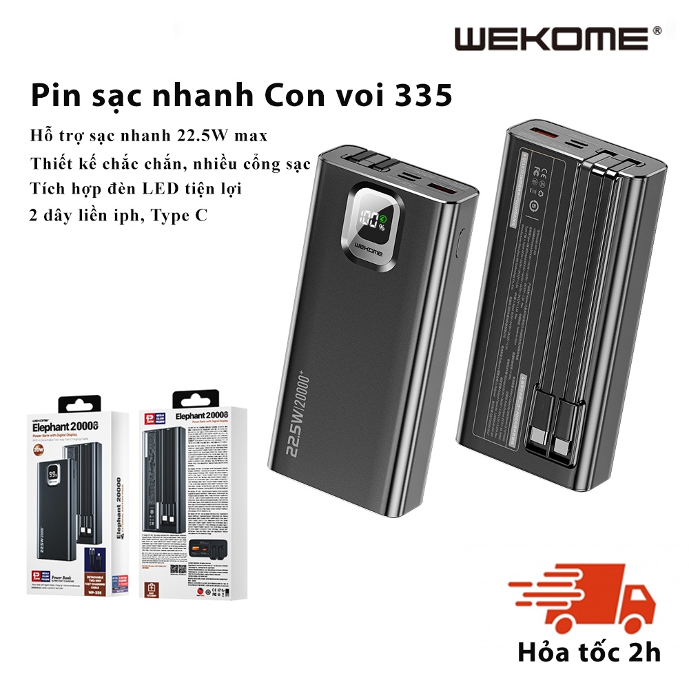 Pin sạc nhanh 22.5W max, pin con voi màn hình LED và 2 dây cáp liền WEKOME 335 20000mAh Phù hợp mọi loại điện thoại HÀNG CHÍNH HÃNG