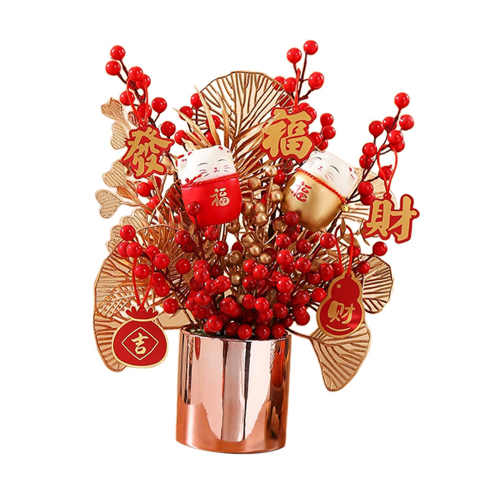 Bình Hoa Giả trang trí trang trí năm mới may mắn với Mèo Tài Lộc Phong Thủy