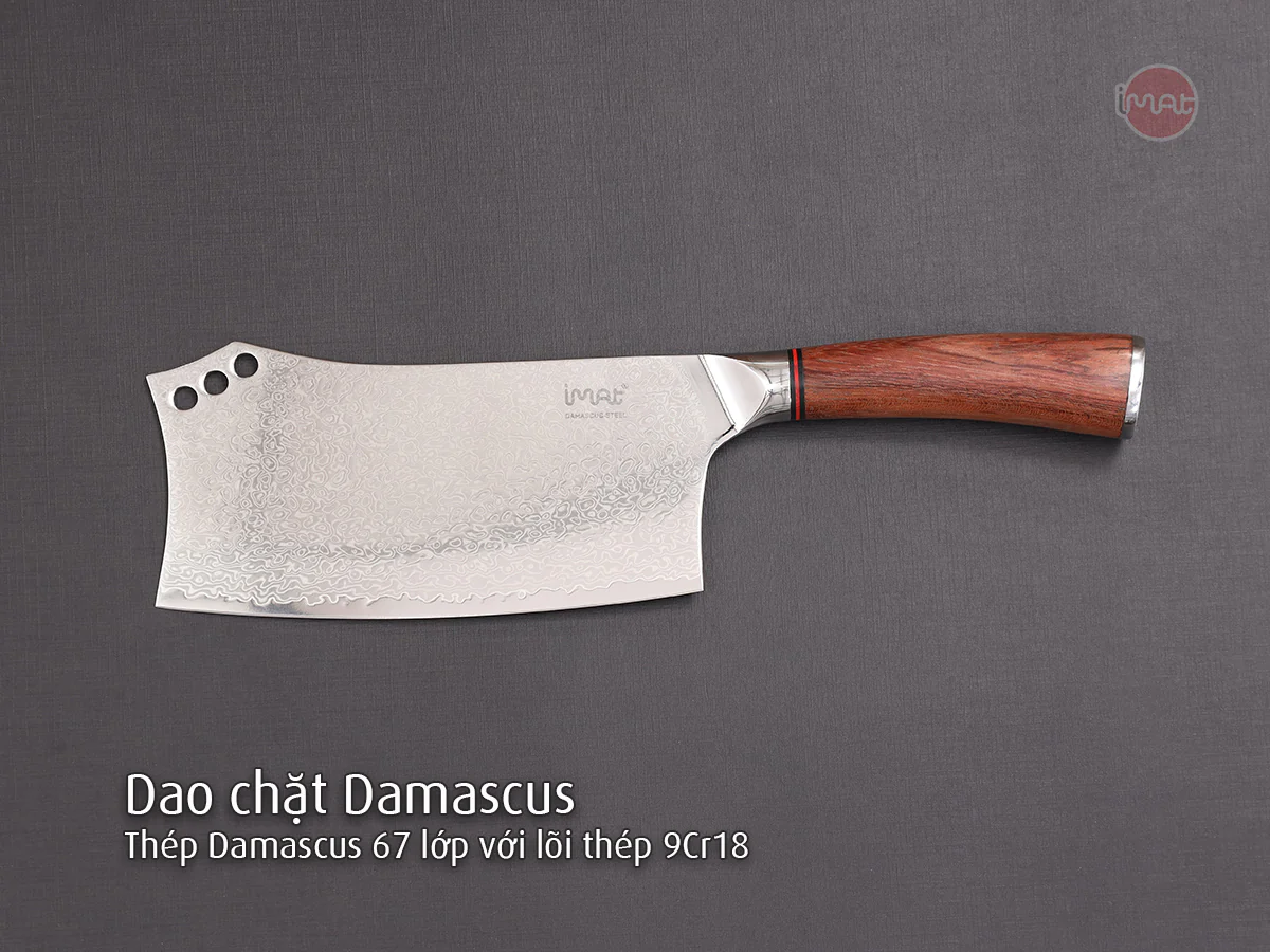 Dao chặt Damascus iMat,lưỡi bằng thép không gỉ 9Cr18, cán gỗ cẩm lai tự nhiên