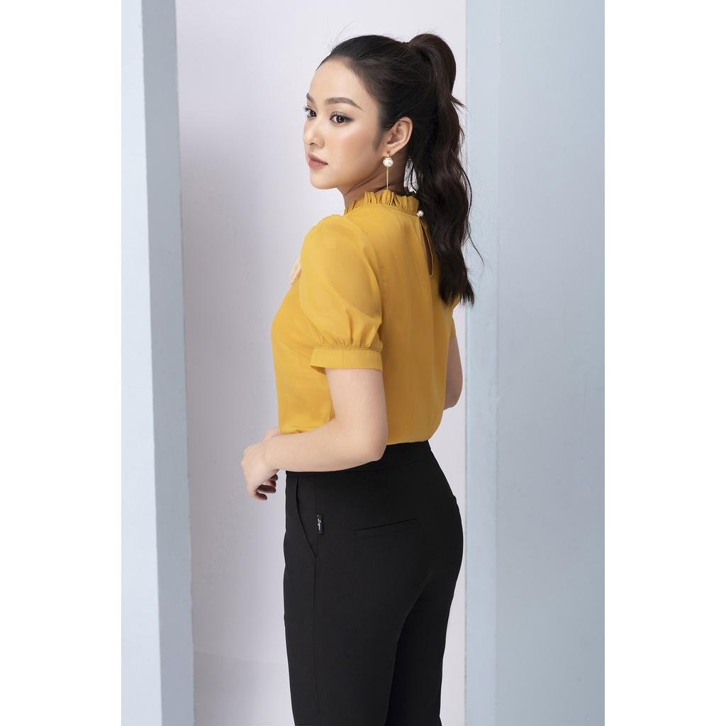 Áo Sơ Mi Nữ Tay Phồng LIPERI LFSM1198 Thiết kế cổ tròn đính hoa ngực chất lụa tơ cao cấp mềm mịn nhẹ mát không nhăn