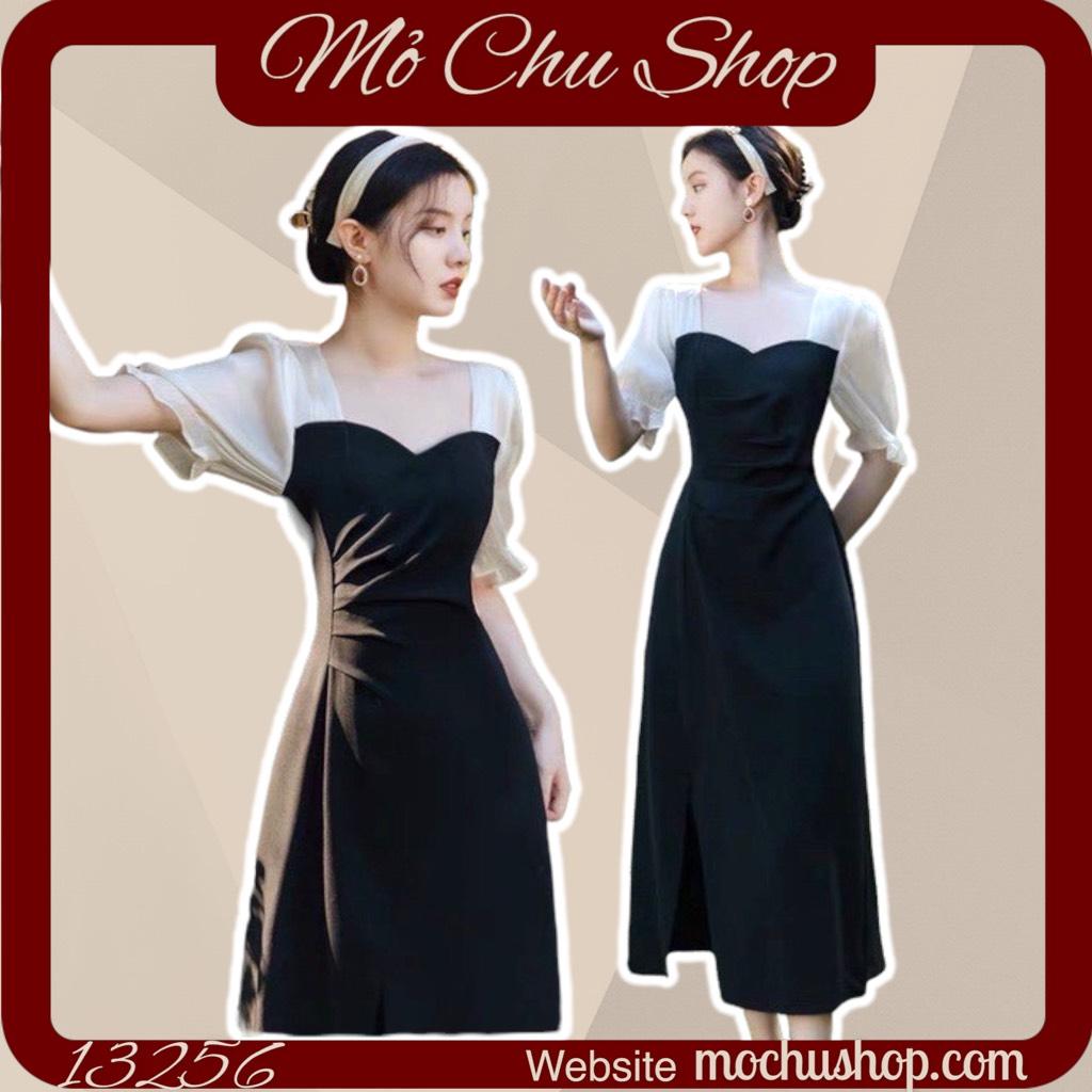 ĐẦM MIDI NHÚN EO PHỐI TAY TƠ 13256