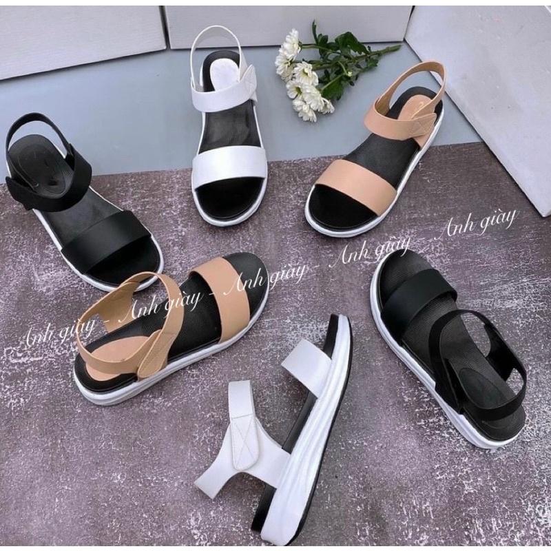 SD19 - Sandal xuồng quai ngang da lì đế bằng 4p nhẹ êm hàng xuất, đế kháng nước,3 màu đen, kem ,trắng ảnh thật kèm video