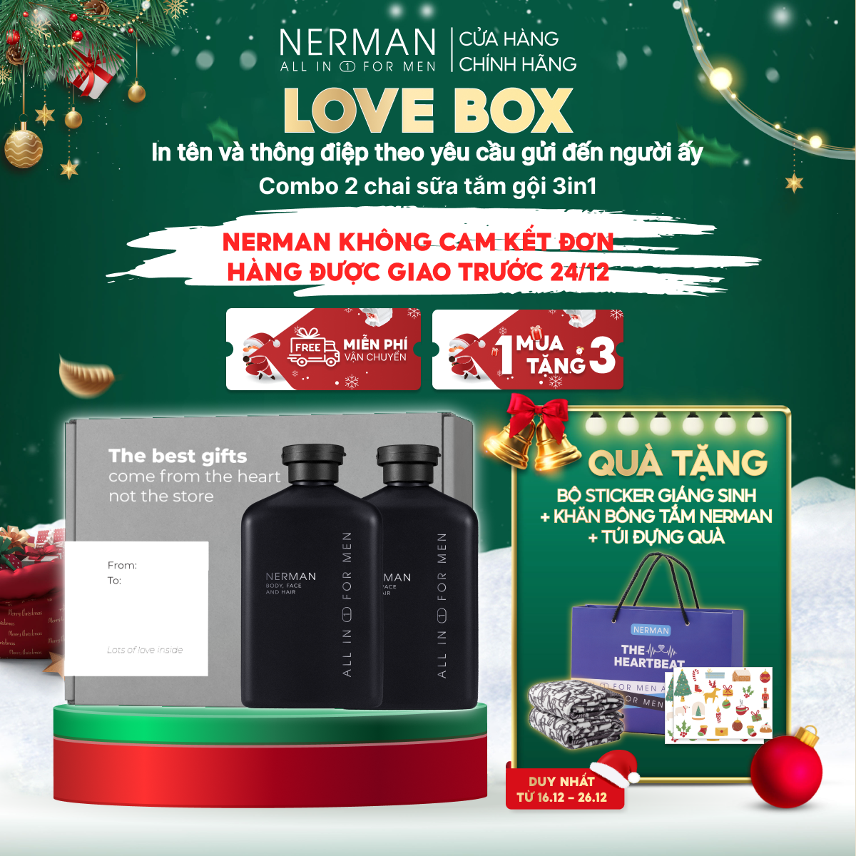 Bộ quà tặng Noel giáng sinh cho nam LOVE BOX - 2 Sữa tắm gội hương nước hoa cao cấp NERMAN 350ml/chai