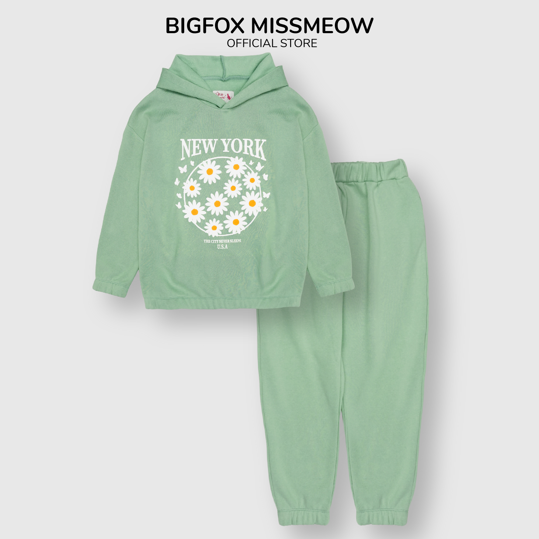 Bộ nỉ bông cho bé gái size đại Bigfox Miss Meow, bộ thu đông cho bé màu xanh in hoa cúc New York size trẻ em 12,13,14,15