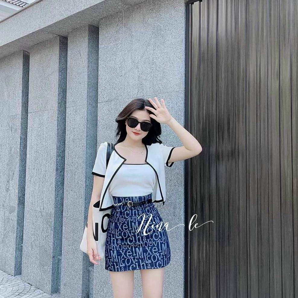 Sét váy 3 món áo phối viền kèm chân váy in họa tiết dễ thương thời trang nữ cho nàng đi chơi, dạo phố