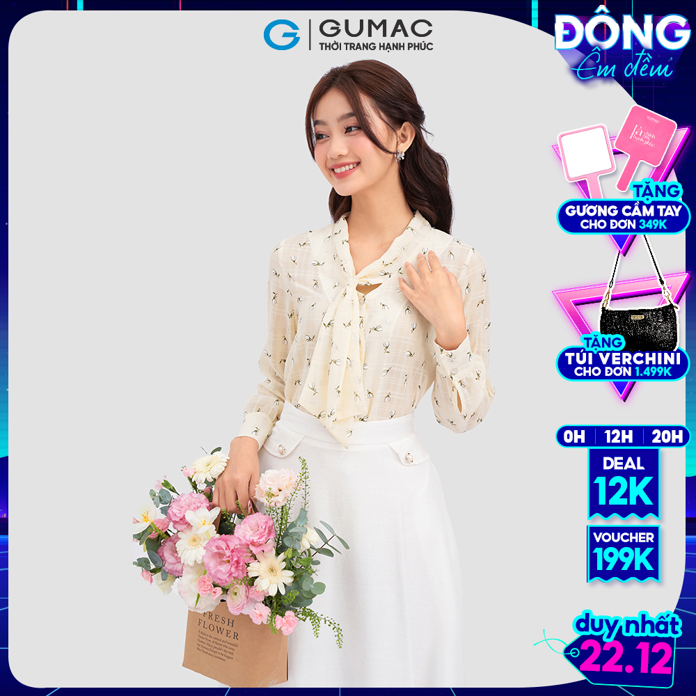 Áo kiểu GUMAC AC12022 họa tiết hoa thắt nơ