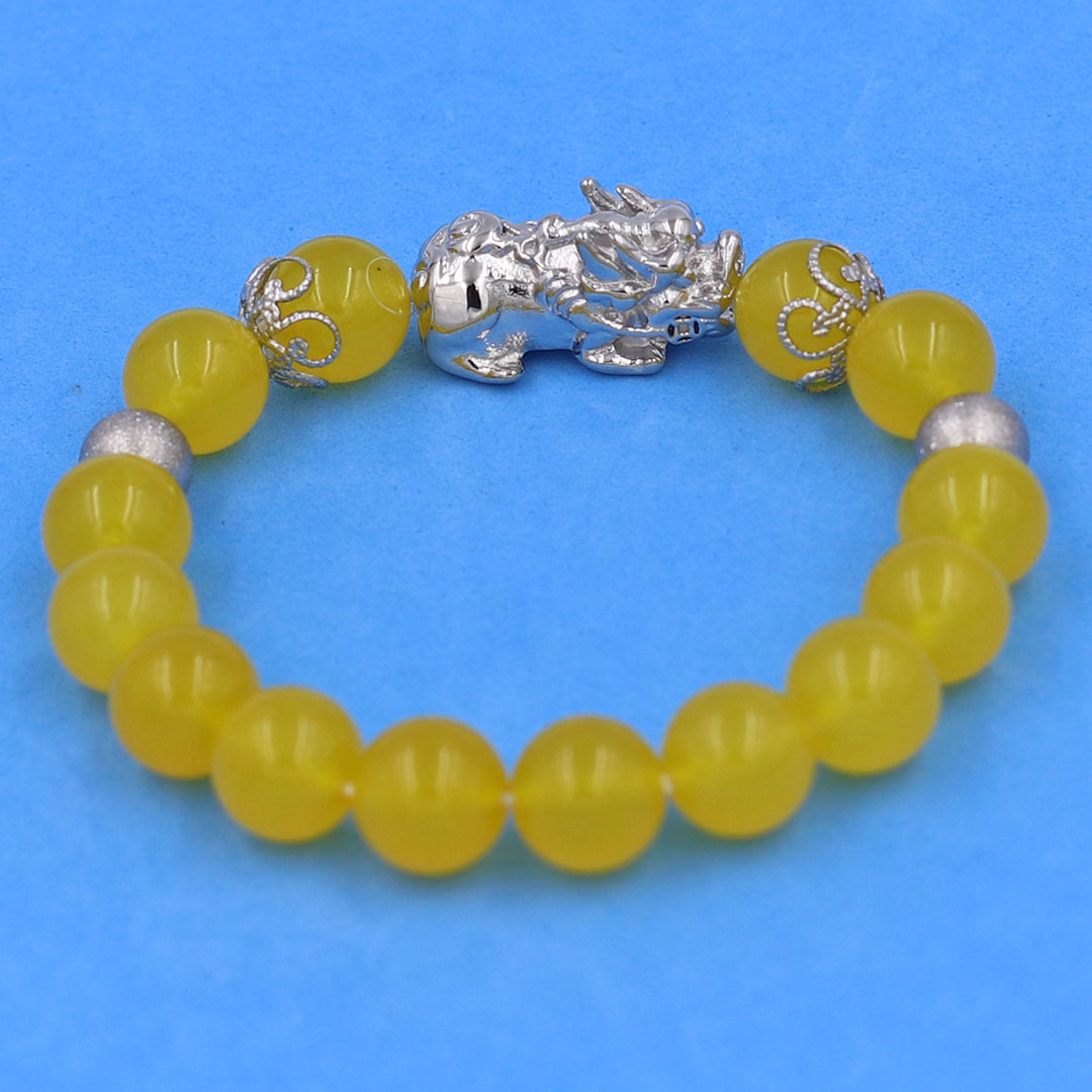 Vòng chuỗi đeo tay đá thạch anh vàng 10 ly charm tỳ hưu inox, bi inox, khía bông inox, vòng tay phong thuỷ, vòng tay tỳ hưu