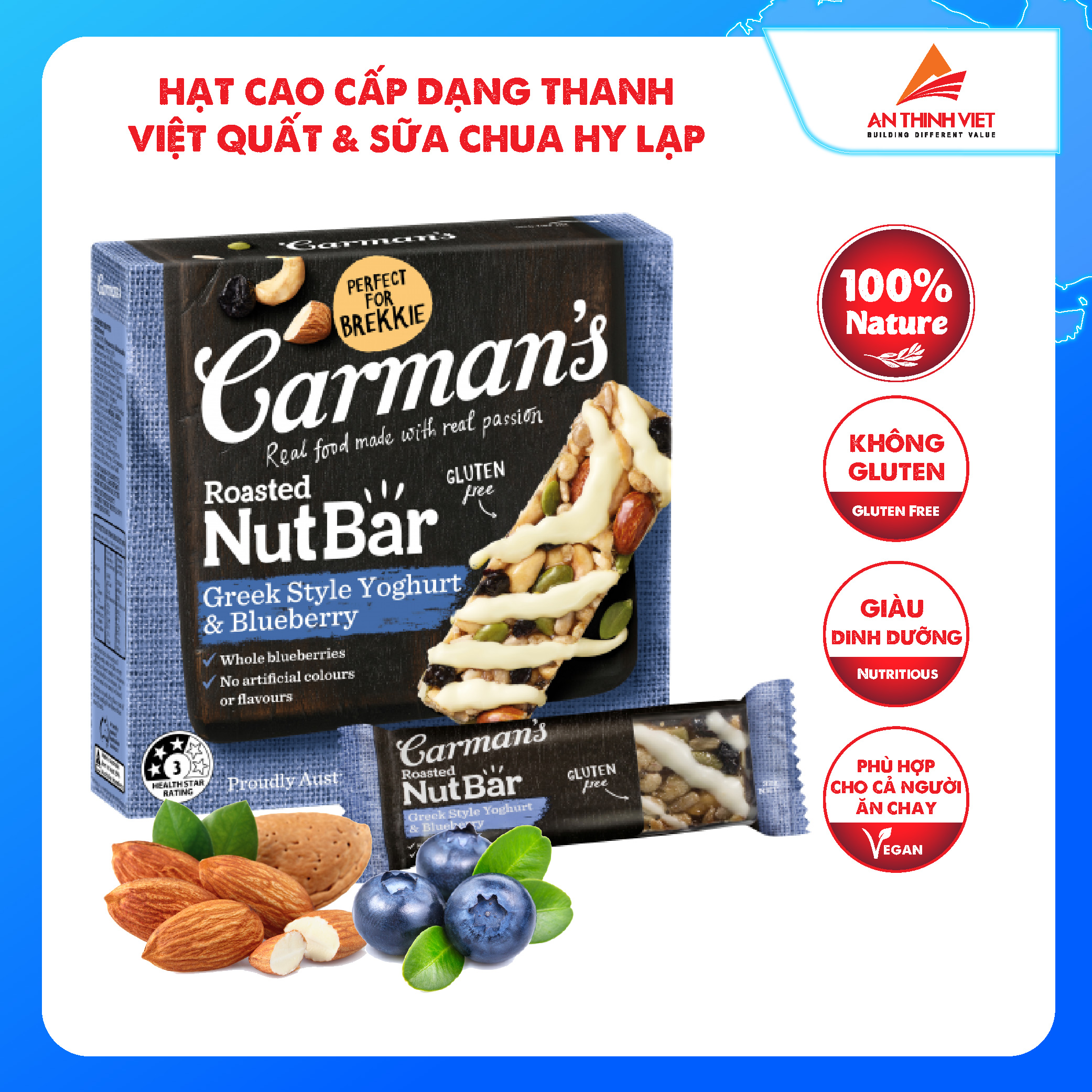 Thanh Hạt Carman's Nut Bar Greek Style Yoghurt, Blueberry - Sữa Chua Hy Lạp, Việt Quất - 160g