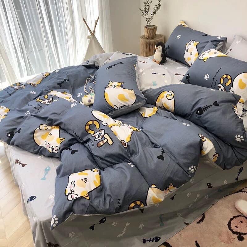 Bộ chăn ga gối Cotton poly M2T bedding, vỏ chăn mền, drap ga giường và 2 vỏ gối - Pl Mèo xương cá