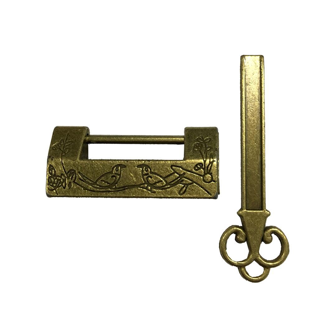 Retro Chinese Antique Style Brass Carved Bird Pattern Padlock Lock with Key