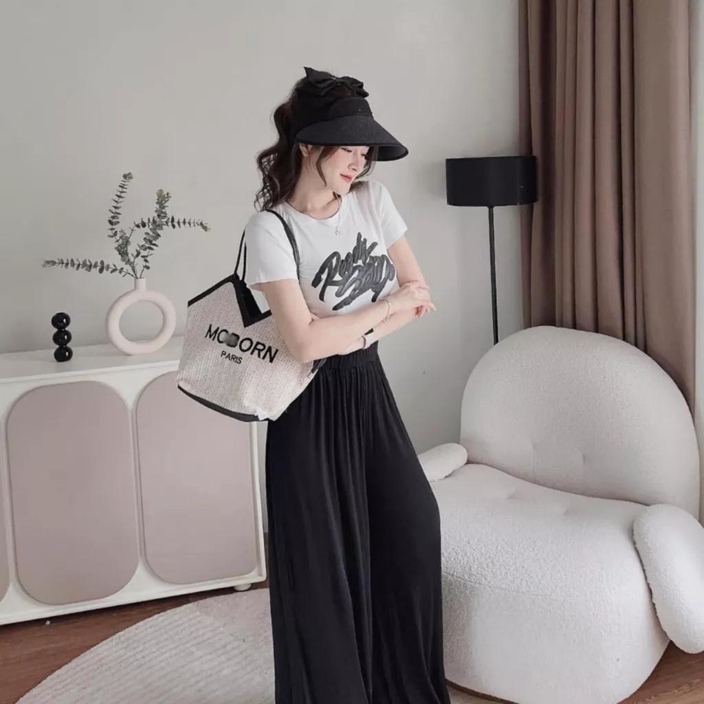 Bộ Áo Croptop READY Kèm Quần Culottes Ống Rộng Cạp Cao