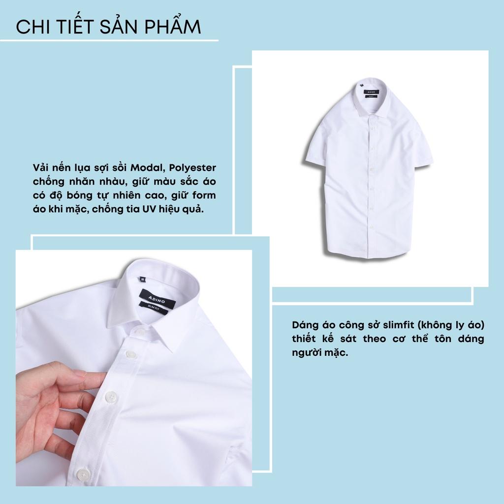 Áo sơ mi cộc tay nam màu trắng tinh ADINO vải nến lụa sợi sồi modal dáng công sở slimfit hơi ôm trẻ trung CT102