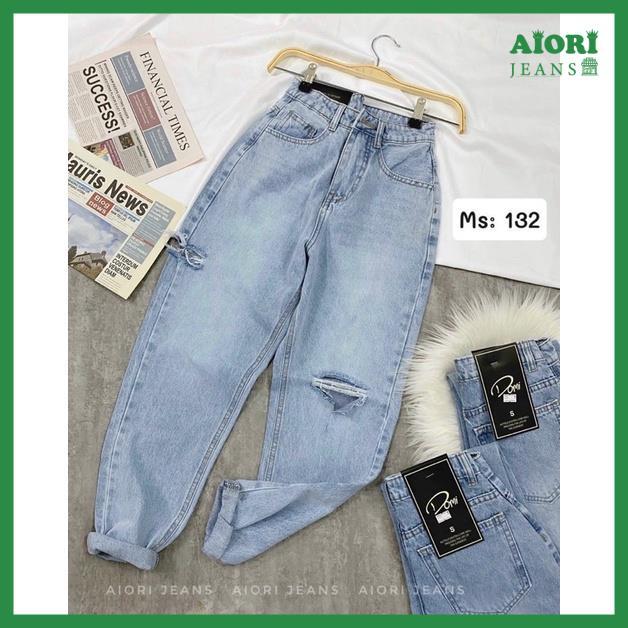 Quần Jean Nữ Aiori Lưng Cao Baggy Bò Trơn Rách Gối Phong Cách Thời Trang - Mã 132