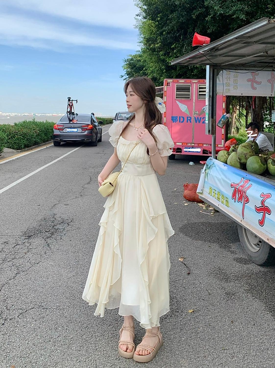 SHUANGYAN Phong cách Pháp cổ vuông nhẹ nhàng Fairy Wind Dress cho phụ nữ mùa hè 2023 Thắt lưng cho phụ nữ