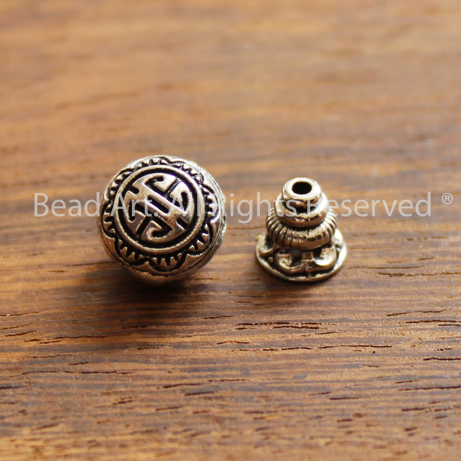 17x10MM Charm Guru, Mẫu Châu Khắc Hoa Sen Bạc Tibet, Phối Vòng Tay Phong Thuỷ, Chuỗi Hạt - Bead Art