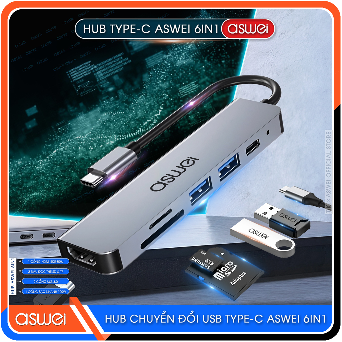 Hub Chuyển Đổi USB Type C ASWEI 6 in 1 - HDMI, USB 3.0, SD, TF, PD 100W Tốc Độ Cao - Hàng Chính Hãng