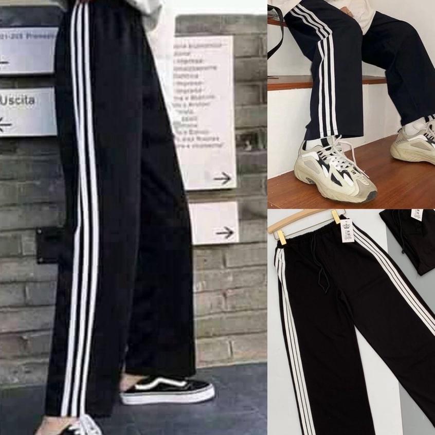 Quần thể thao 2 sọc / 3 sọc nữ ống suông rộng baggy Umi cao cấp - Quần jogger nữ 3 sọc đen dây rút học sinh