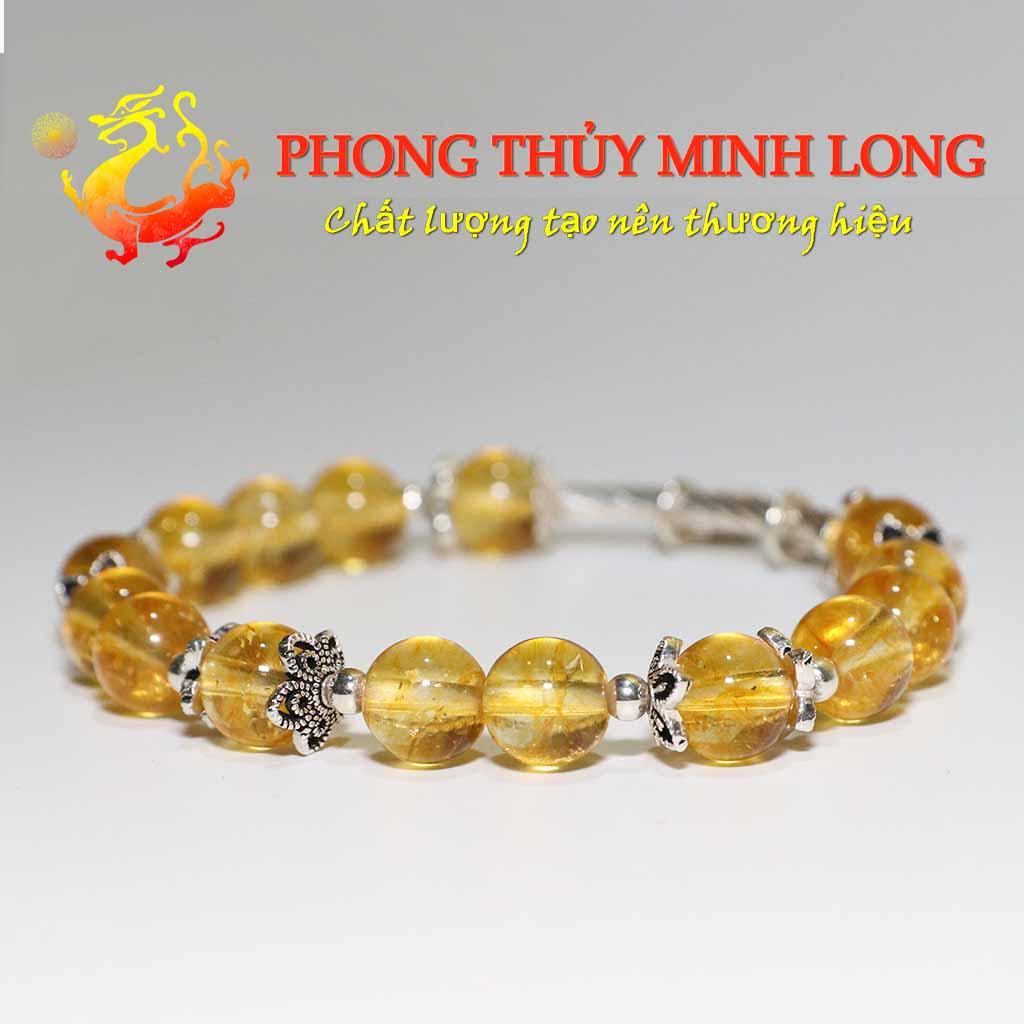 Vòng tay đá Thach Anh Vàng chất lượng 5A Mix túi tiền lá bạch dương bạc nhỏ xinh hợp mệnh Thổ và Kim