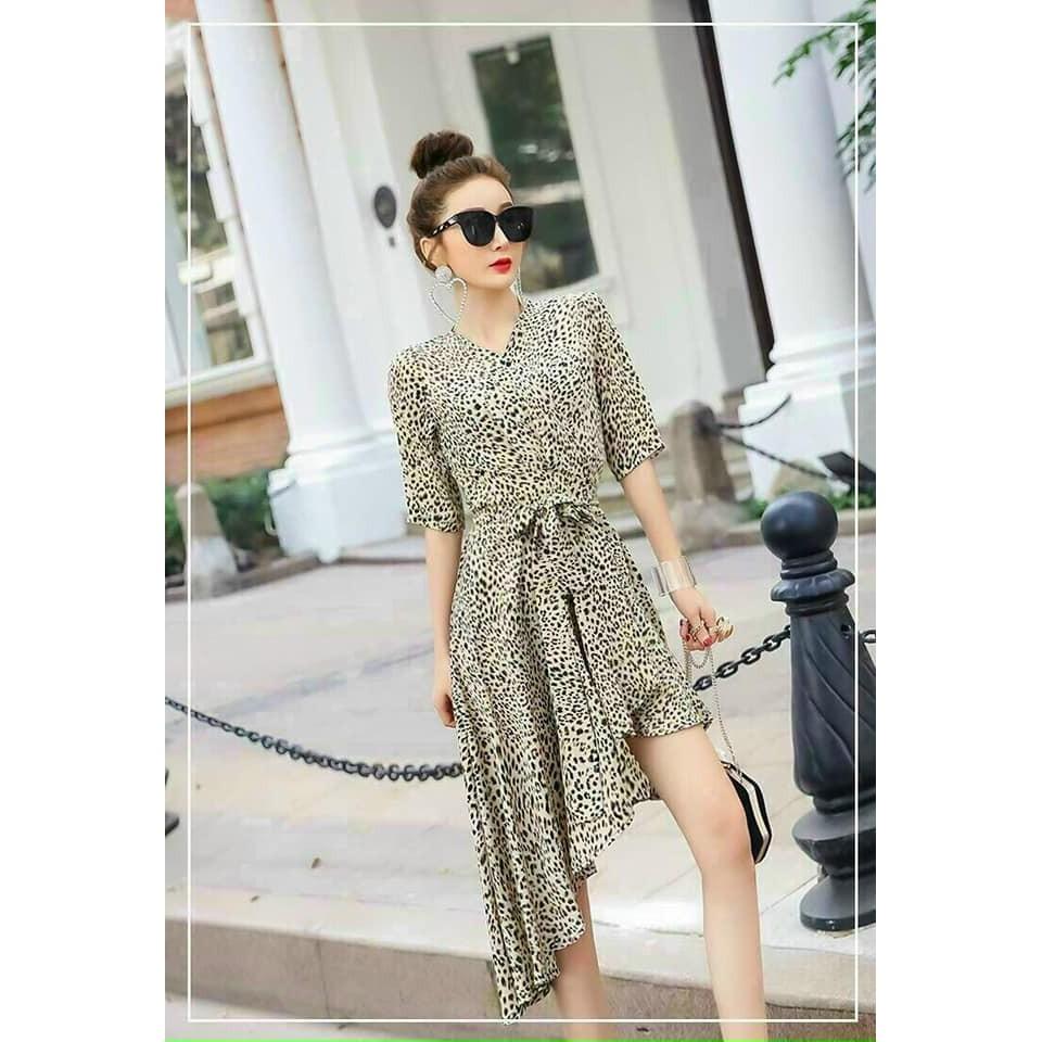 ĐẦM XÒE HỌA TIẾT BEO TÀ XÉO CỔ V SANG TRỌNG