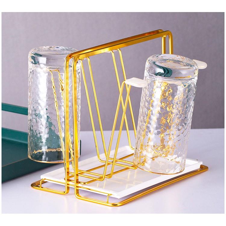 Giá úp cốc ly Chữ nhật khay trắng cao cấp - chất liệu inox mạ titan - Hàng xuất Âu