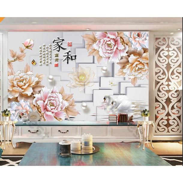 Tranh dán tường Hoa mẫu đơn phong phú hiện đại, tranh dán tường 3d hiện đại MS1171406