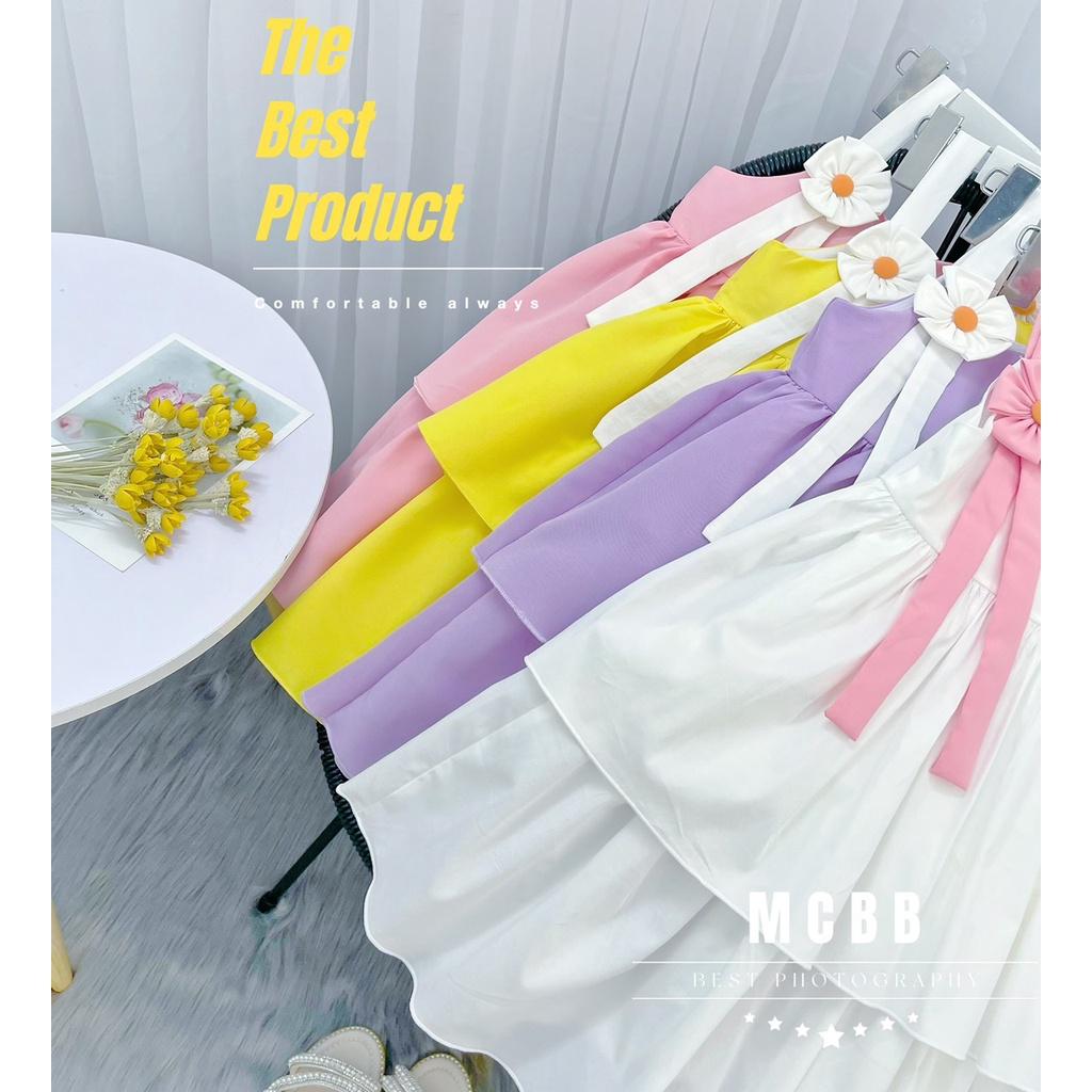 Đầm babydoll hai dây đính hoa vai cho bé gái thật đáng yêu từ 12-40kg chất kate cotton mềm