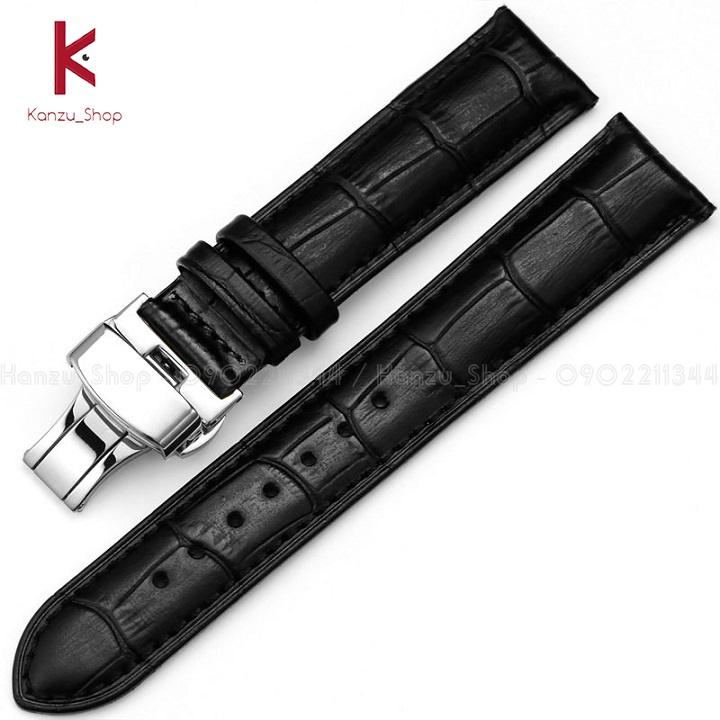 Dây Đồng Hồ Da Khóa Bướm Bạc 2 Nút Bấm - Dây Da Đồng Hồ 14mm 15mm 16mm 17mm 18mm 19mm 20mm 21mm 22mm 23mm 24mm