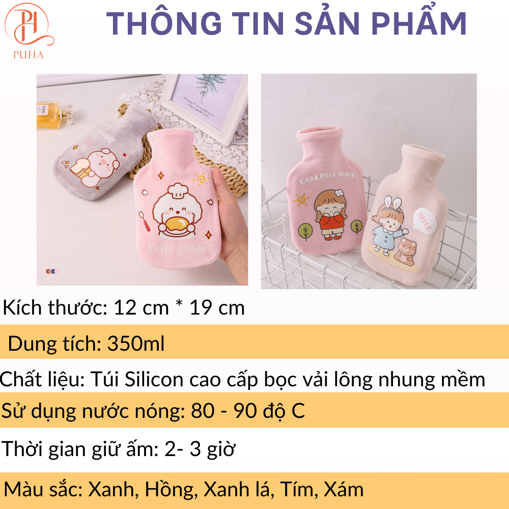 Túi chườm nóng PUHA 350ml, túi chườm ấm giữ nhiệt sưởi nóng giảm đau bụng cho bạn nữ