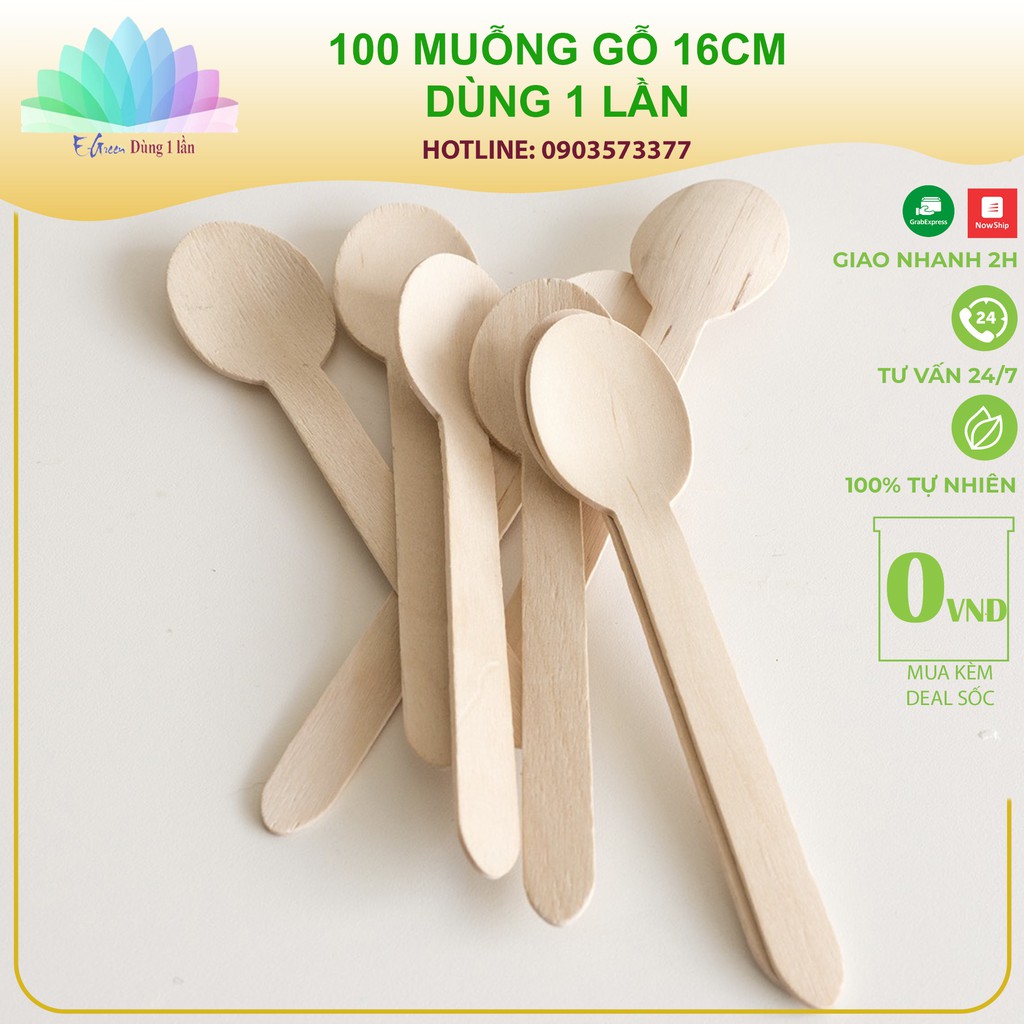 100 Muỗng gỗ dùng một lần 16cm an toàn tiện lợi thân thiện môi trường-Egreen Dùng 1 Lần