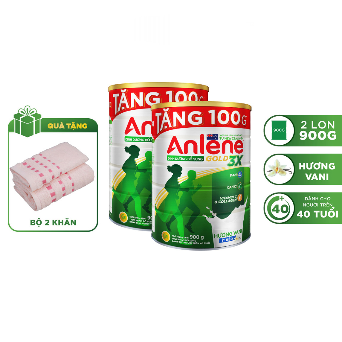 Combo 02 Sữa Bột Anlene Gold 3X Hương Vanilla (Hộp thiếc 900g) - Tặng bộ 2 khăn Anlene (Màu ngẫu nhiên)
