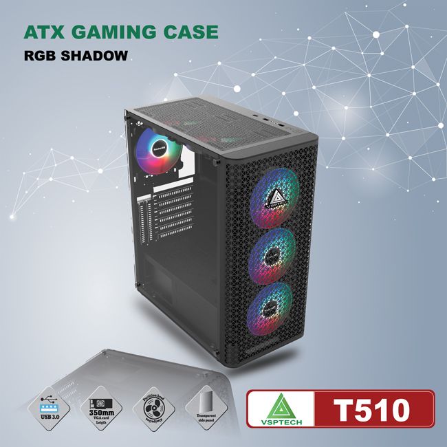 Vỏ máy tính Case VSP T510 [ĐEN] ~ không kèm FAN (ATX/Micro ATX)  - Hàng chính hãng TECH VISION phân phối