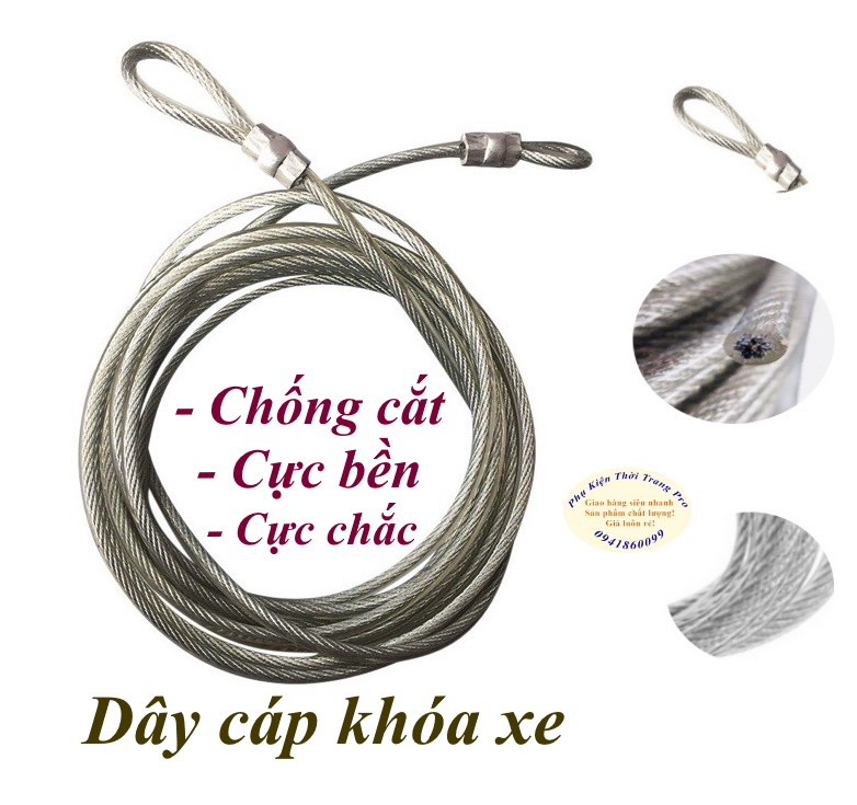 Dây cáp khóa xe Dài từ 4m đến 10m Cực bền, Cực chắc, Chống cắt