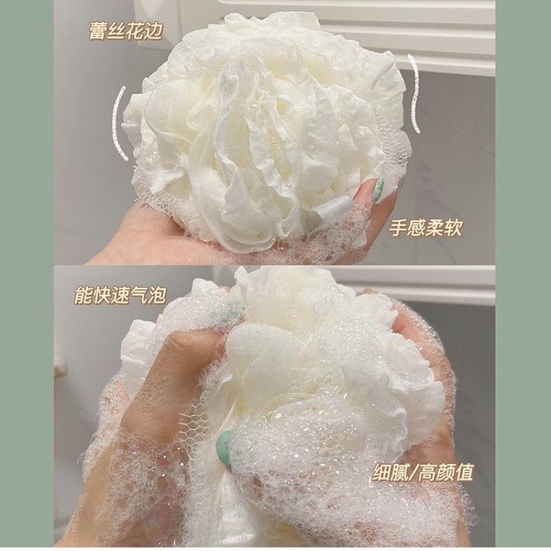 Bông tắm tròn mềm mịn siêu tạo bọt Hàn Quốc vải lưới phối REN, massage da tẩy tế bào chết cao cấp có quai treo tiện lợi