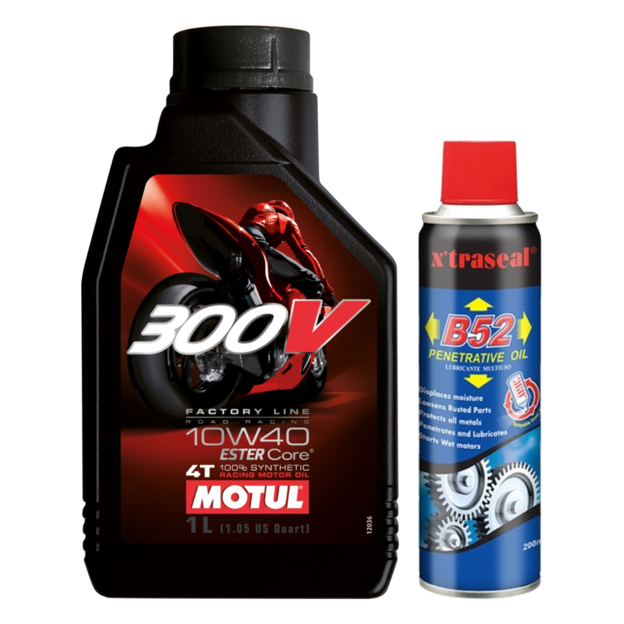 Combo Nhớt Cho Xe Mô Tô Phân Khối Lớn Motul 300V Factory Line 10W40 (1L) + Chai Xịt Bôi Trơn Sên B52