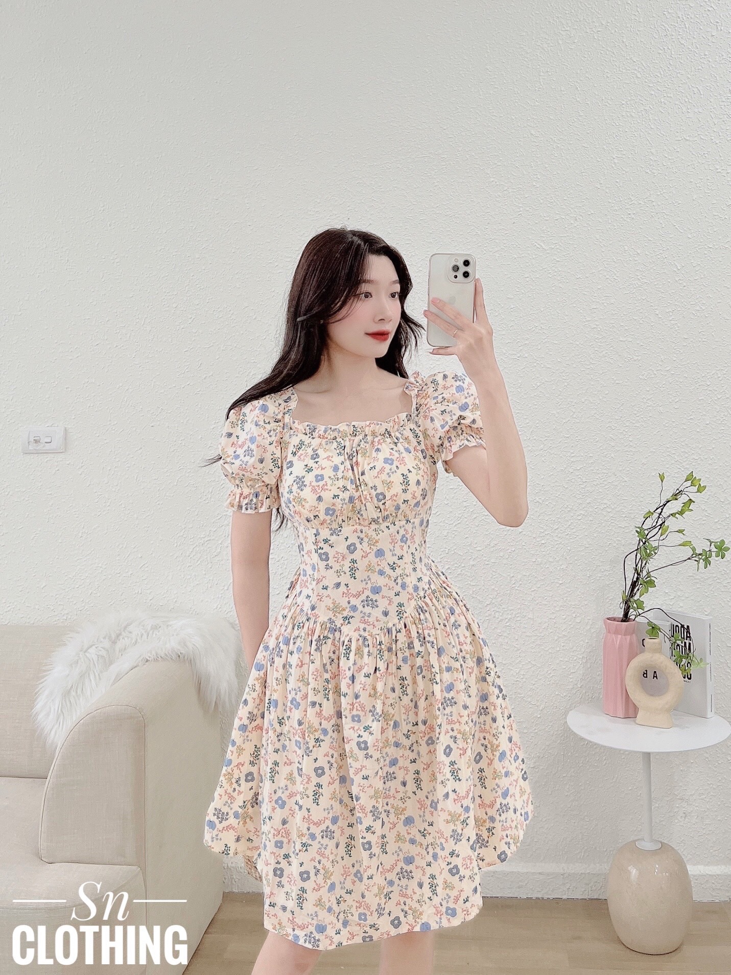 Đầm hoa nhí trễ vai có mút ngực - váy hoa nhí bèo ngực cột nơ tiểu thư