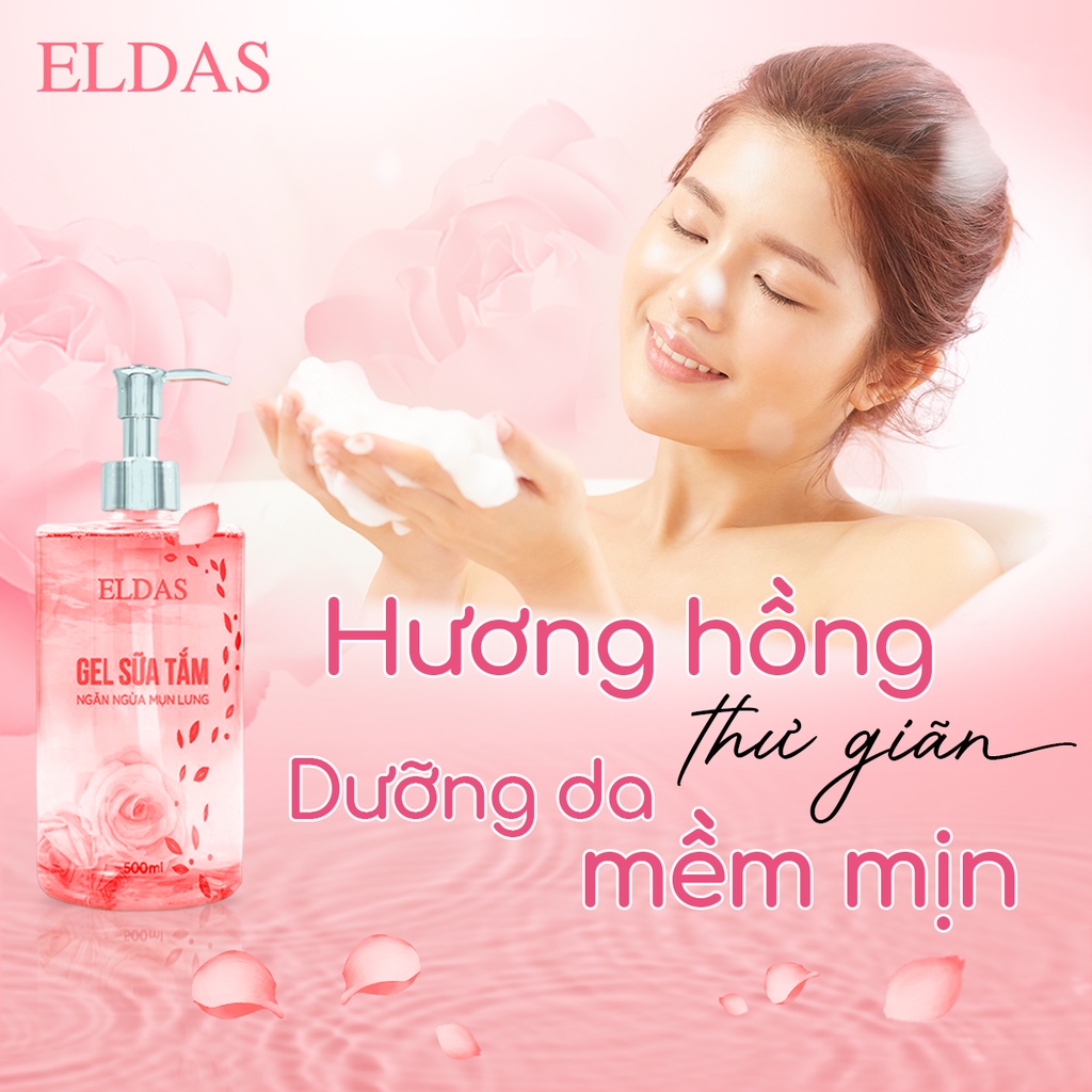 Gel sữa tắm mụn lưng ELDAS, giảm viêm nang lông với tinh chất TRÀM TRÀ KHỔ QUA HOA HỒNG kháng khuẩn sáng da 500ml/chai