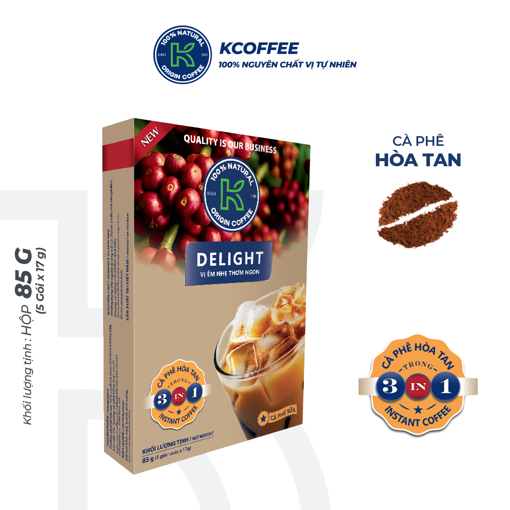 Cà phê hòa tan K Coffee 3 in 1 Delight đậm đà vị cà phê sữa đá 85G (Hộp 5 gói x 17g)