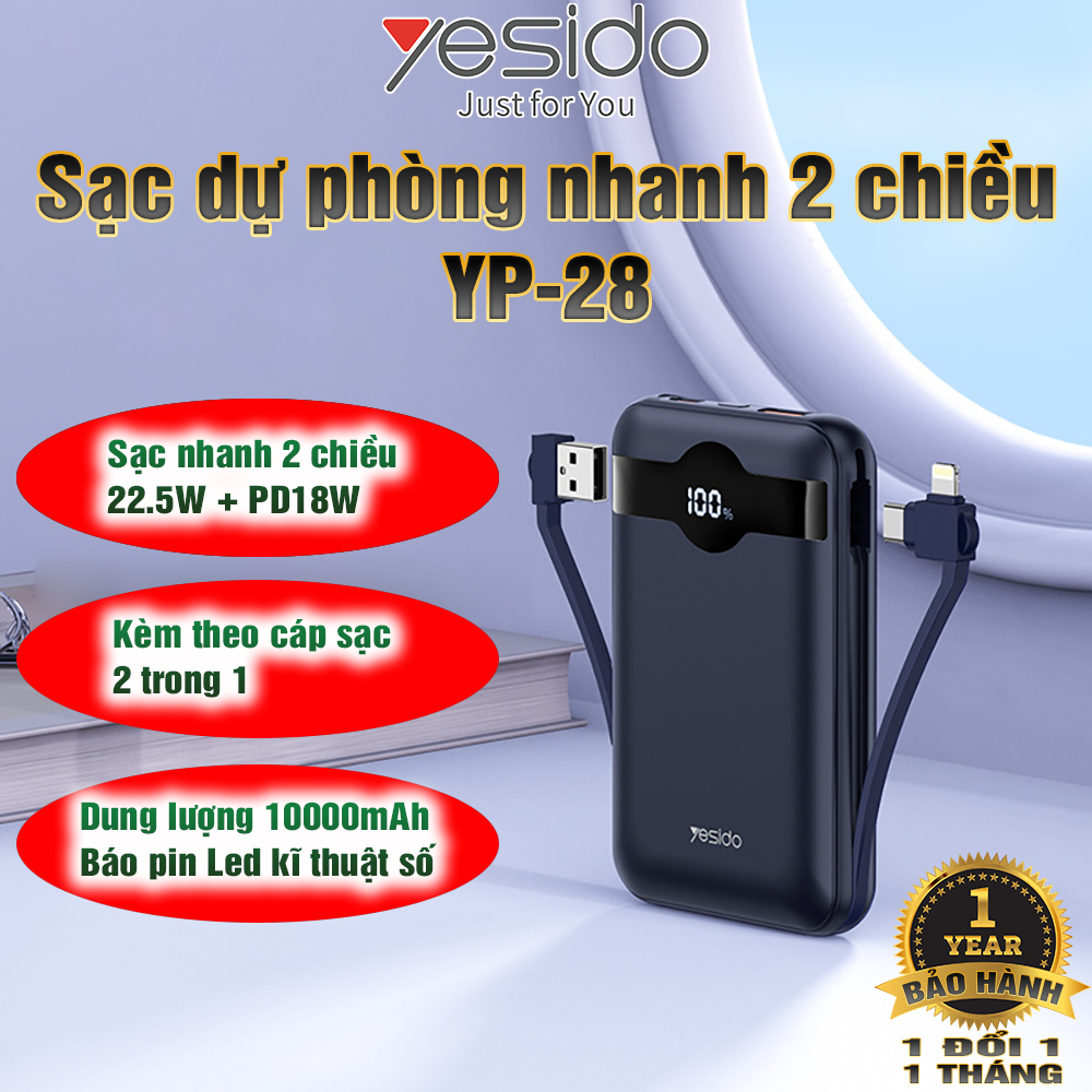 Sạc dự phòng Nhanh 22.5W Yesido YP-28 Kèm theo Cáp sạc 2 trong 1 Hàng chính hãng